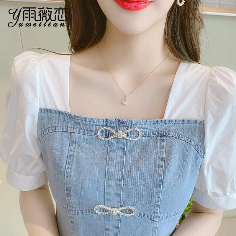 

Chiffon denim dress children's summer 2021 new fashion summer temperament small square collar fishtail skirt