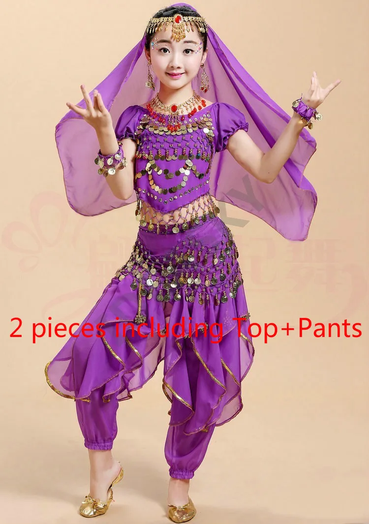 Purple 2pcs Арабский танец живота с блестками, профессиональный костюм для танца живота, детские костюмы, Детский костюм, комплект для взрослых и детей, топ, штаны - Цвет: Purple 2pcs