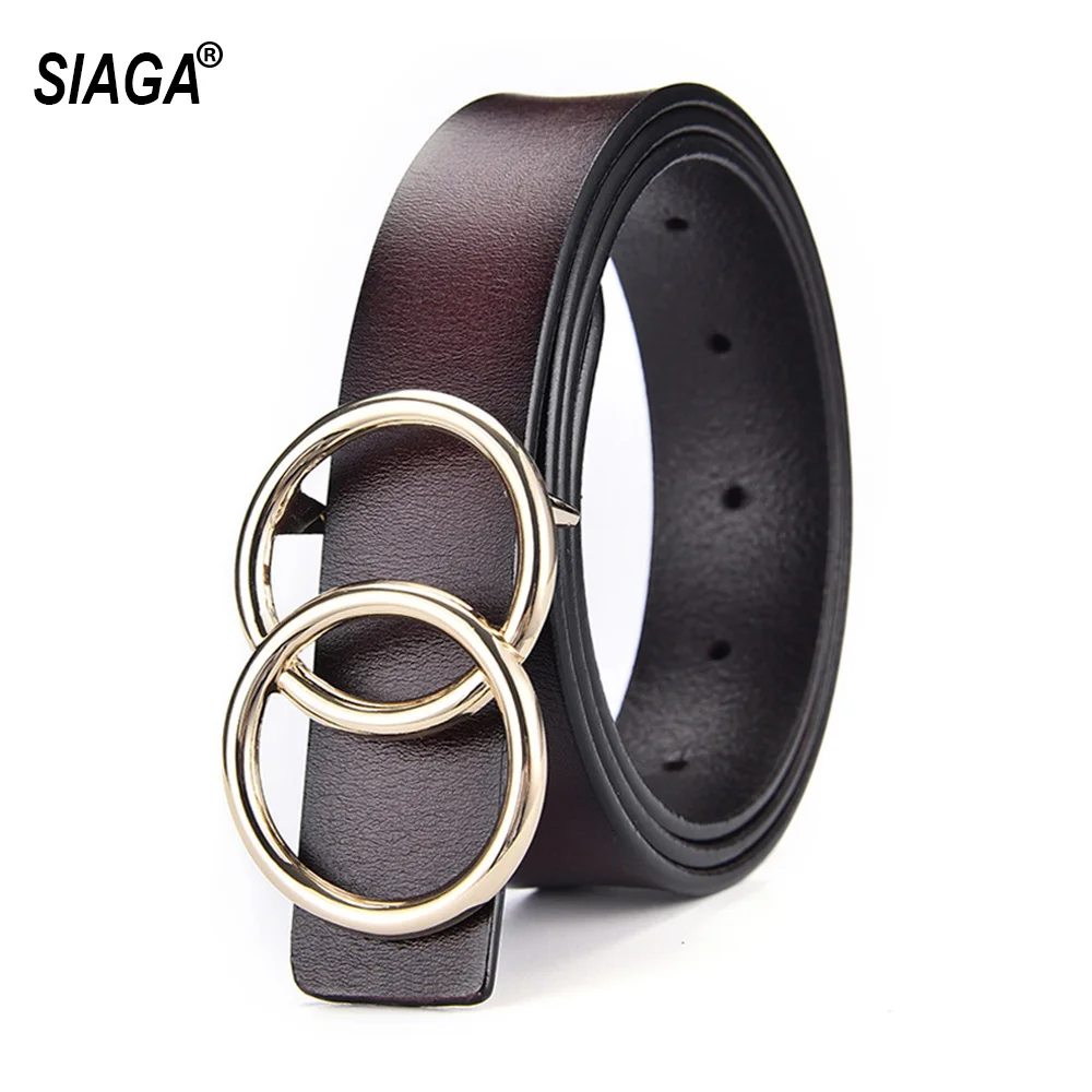 Fashion Design Ladies Double Ring Pattern Slide Buckle Metal Genuine Leather 23mm Wide Female Accessories for Women AK024