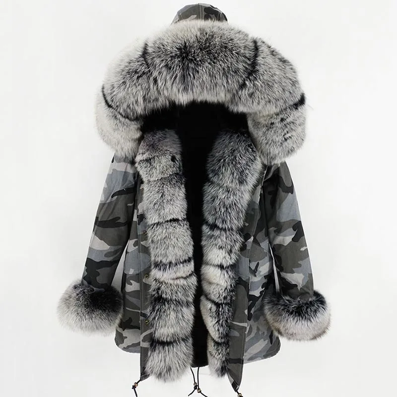 

2021 Winter Women Real Fur Coat Gray camouflage out coat Long Parka Natural Fox Fur Collar Hooded faux Fur Liner parkas
