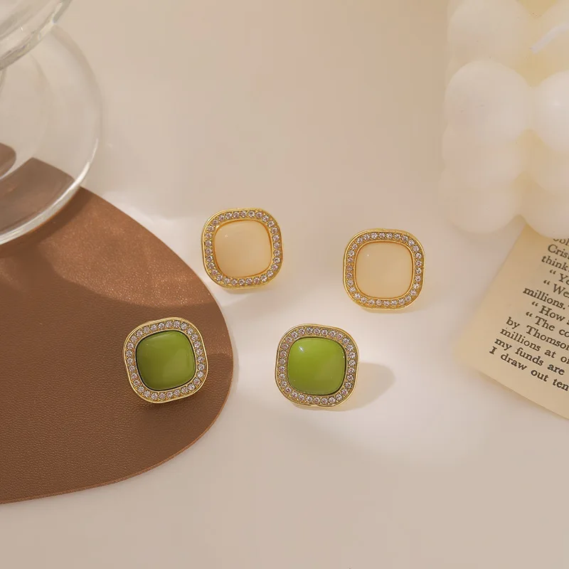 

Geometric Square Inlaid Opal Studs Earrings for Women Rhinestone White Green Elegant Korean Fashion Style Party Gifts Wholesale