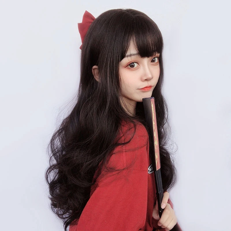 

LM Wig female synthetic high temperature filament long curly big wave cartoon bangs Black / Brown / flax grey Cosplay wig