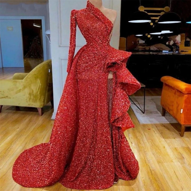 

Sexy Red Sequined Prom Gowns One Shoulder Ruffles Side Split Evening Dress Long Sleeves Dubai Arabic Party Vestidos