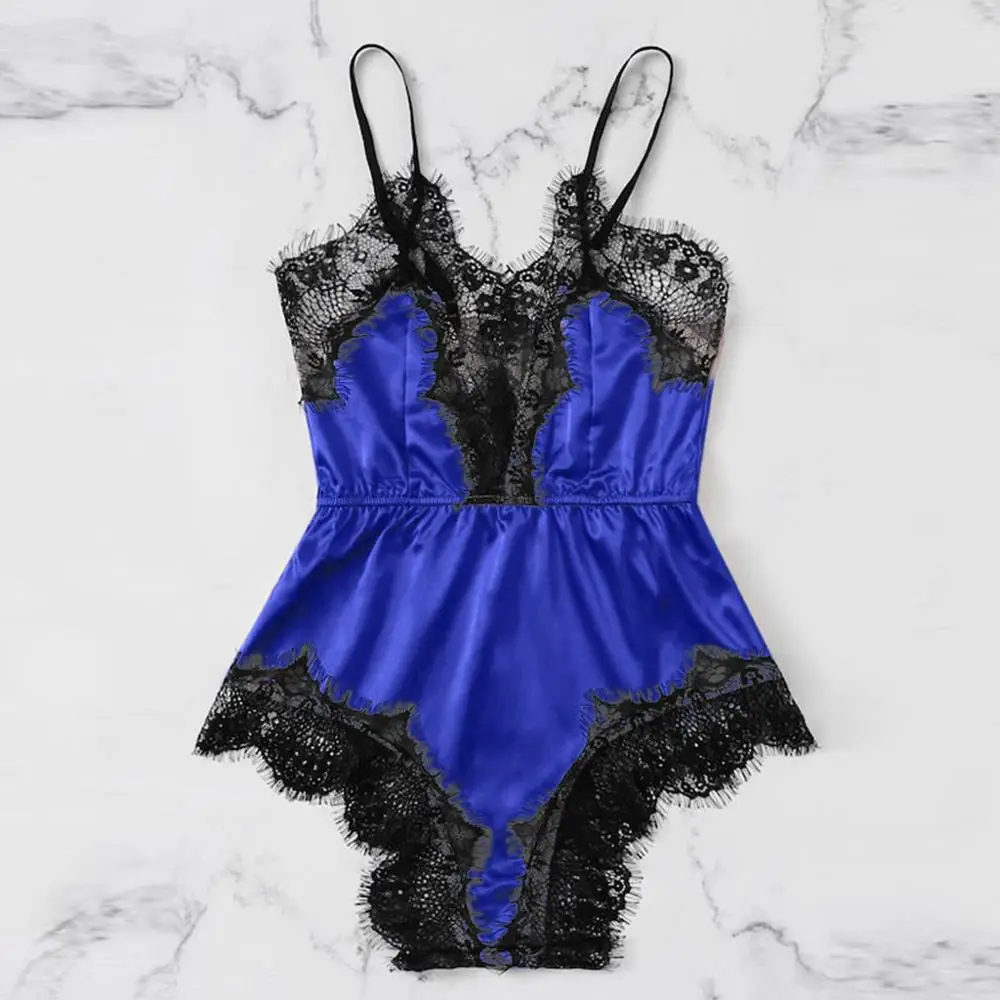 Blue Сексуальный комплект для сна с бюстгальтером, женское сексуальное нижнее белье, кружевной комбинезон-Пижама с v-образным вырезом, комплекты нижнего белья, ночная рубашка* S - Цвет: Blue