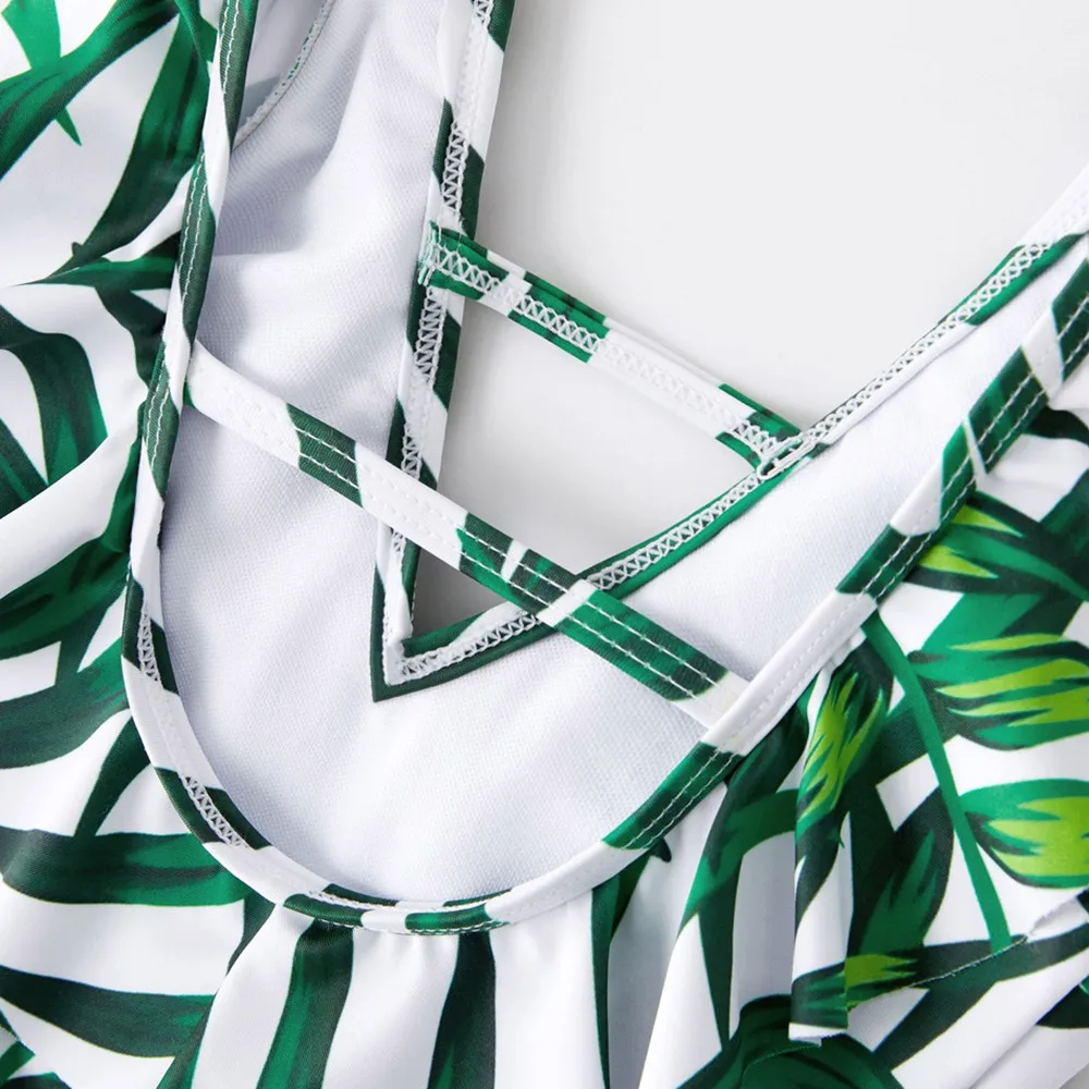 bunvel Family Look Bathing Suit Leaf Printed Fly Sleeve Baby Girls Women Swimwear Bikini Swimming Pool Trunks Briefs for Men Boy | Мать и