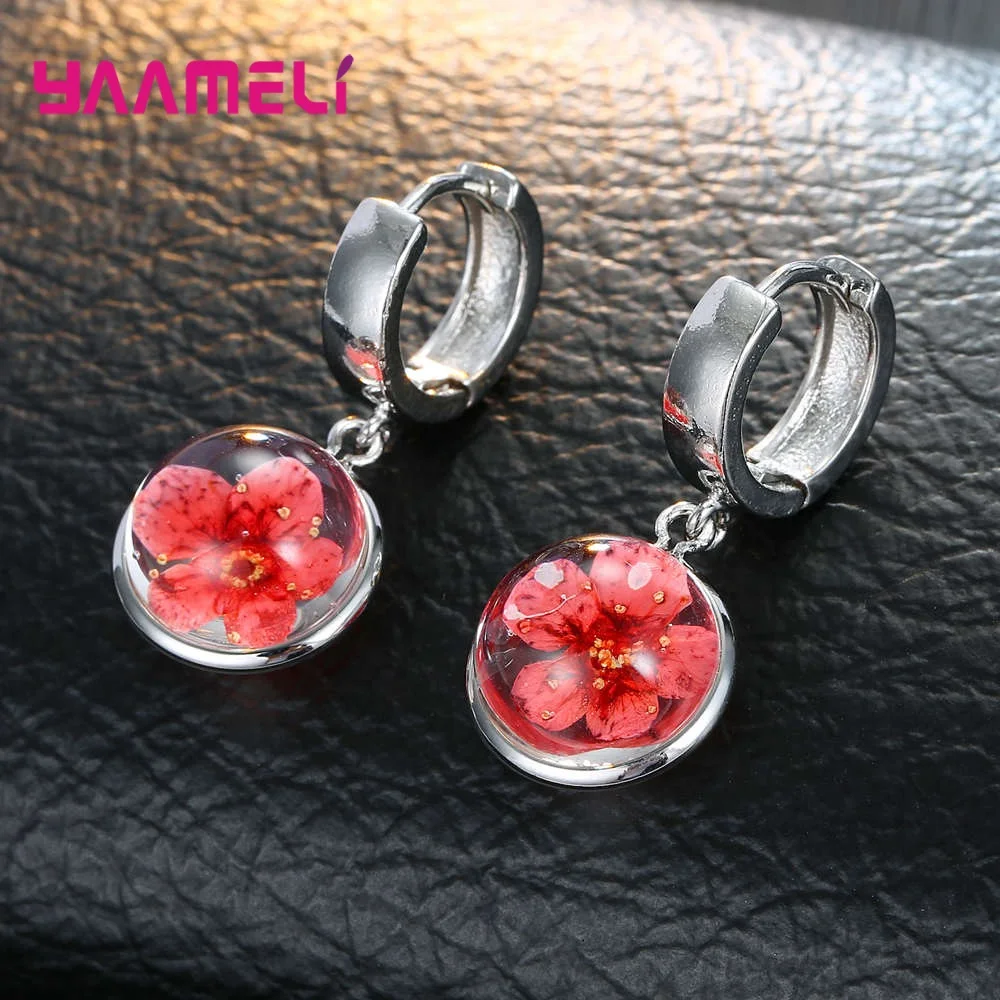 

New Fashion Woman Earrings Solid 925 Sterling Silver Flowers in Glass Charms Eardrop Dangler Jewelry 8 Color Options