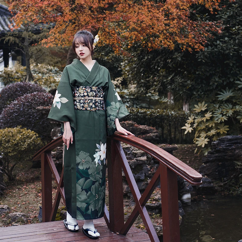 

Женское традиционное кимоно в японском стиле, зеленое винтажное платье для фотосъемки, одежда для косплея, одежда для представлений