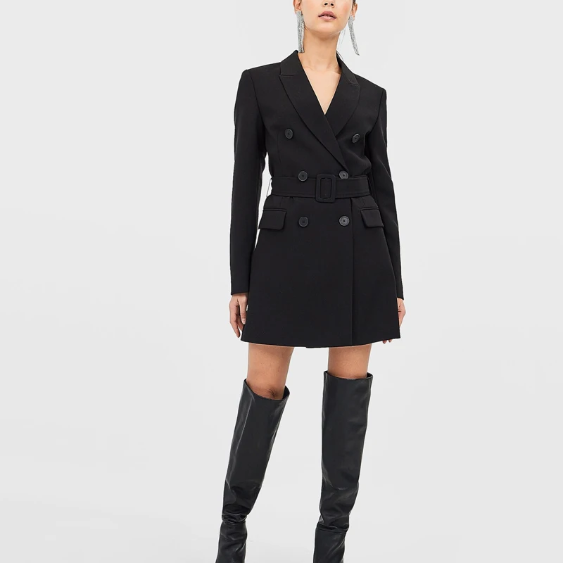 Весеннее и осеннее женское платье повседневное одноцветное двубортное с поясом