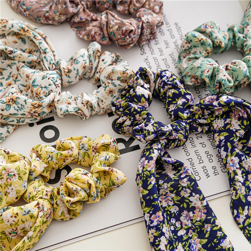 

Korean Bow Long Ribbon Hair Scrunchie Chiffon Floral Print Sweet Elastic Hair Band Ponytail Hair Scarf Hair Tie Hair Accessories