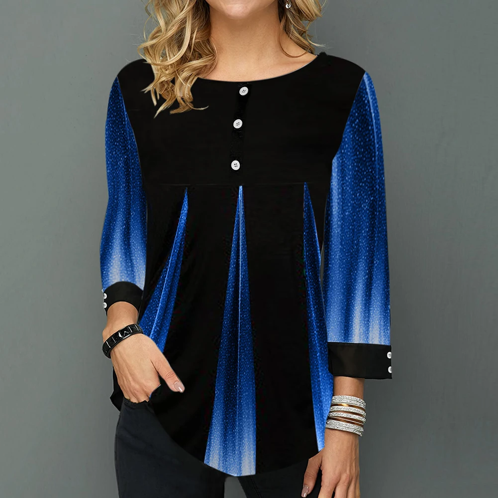 Модная женская футболка с круглым вырезом и рукавом 3/4 принтом пуговицами