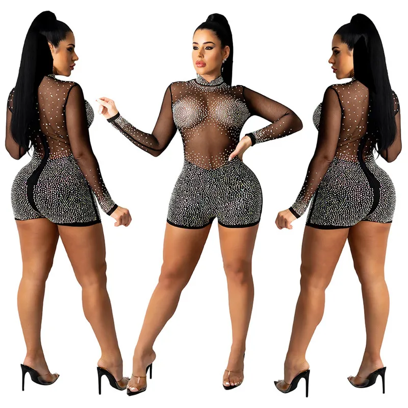 

KEXU Diamonds Sheer Mesh Shorts Jumpsuit with Underwear Mock Neck Long Sleeve Night Club Playsuit Women Sexy Overalls