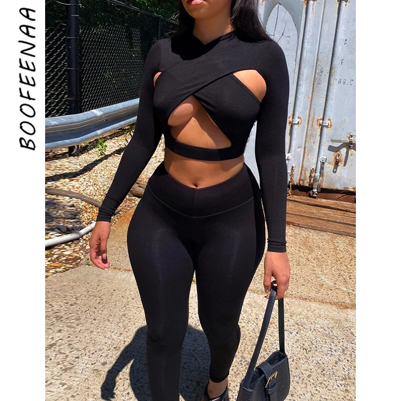 

BOOFEENAA 2021 Womens Two Piece Set Outfits Tracksuit Sexy Hollow Cross Long Sleeve Crop Top High Waist Pants Leggings C87-DZ37
