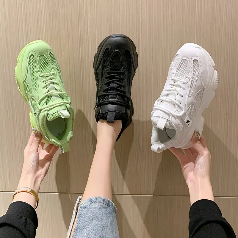 

Summer Platform Women's for Vulcanized Shoes Chunky Clumsy Sneakers Breathable Air Mesh Round Head Rubber Sole Dad Footwear
