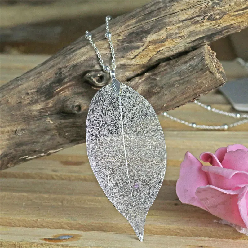 Real Leaf Pendant Necklace Gold Long Chain Charm Rustic Wedding Jewelry Statement Bridesmaid Gift | Украшения и аксессуары
