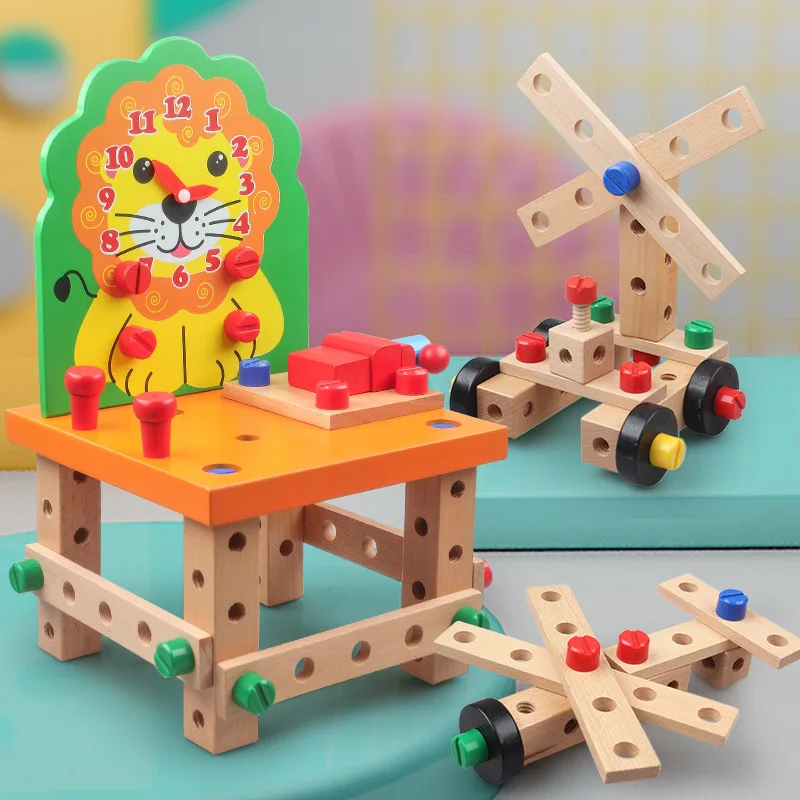 

Wooden Children's Multi-functional Disassembly and Assembly Lion Luban Chair Nut Combination Assembled Building Block Tool Chair