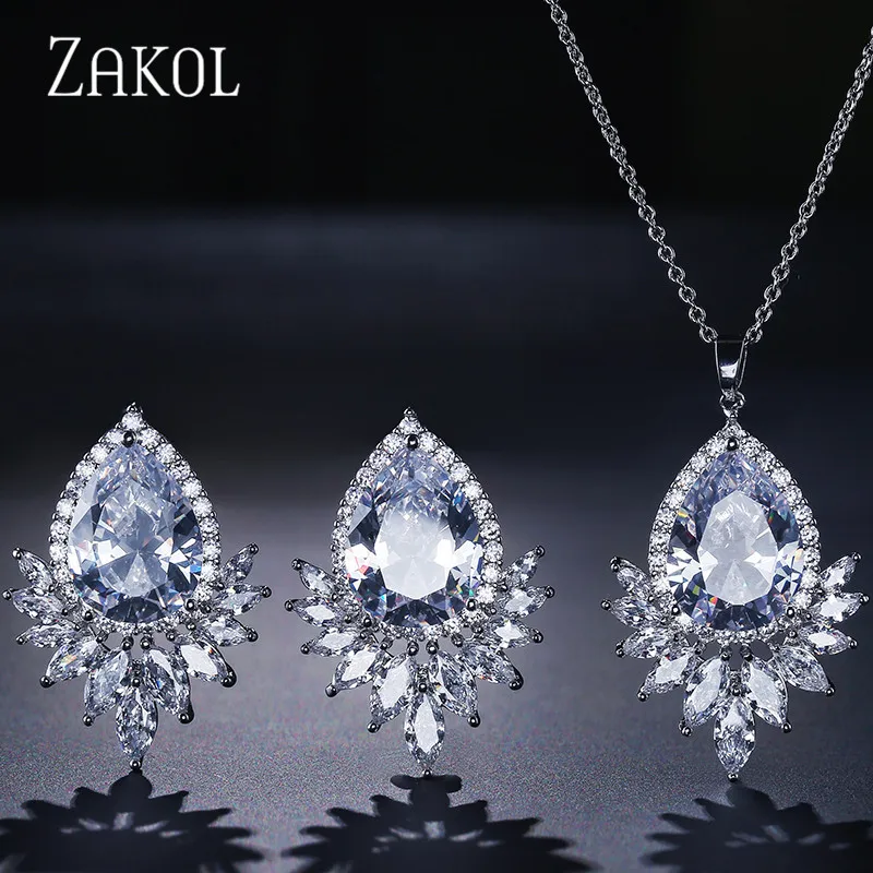 Комплект ювелирных изделий ZAKOL с романтичным цирконием серьги гвоздики в форме