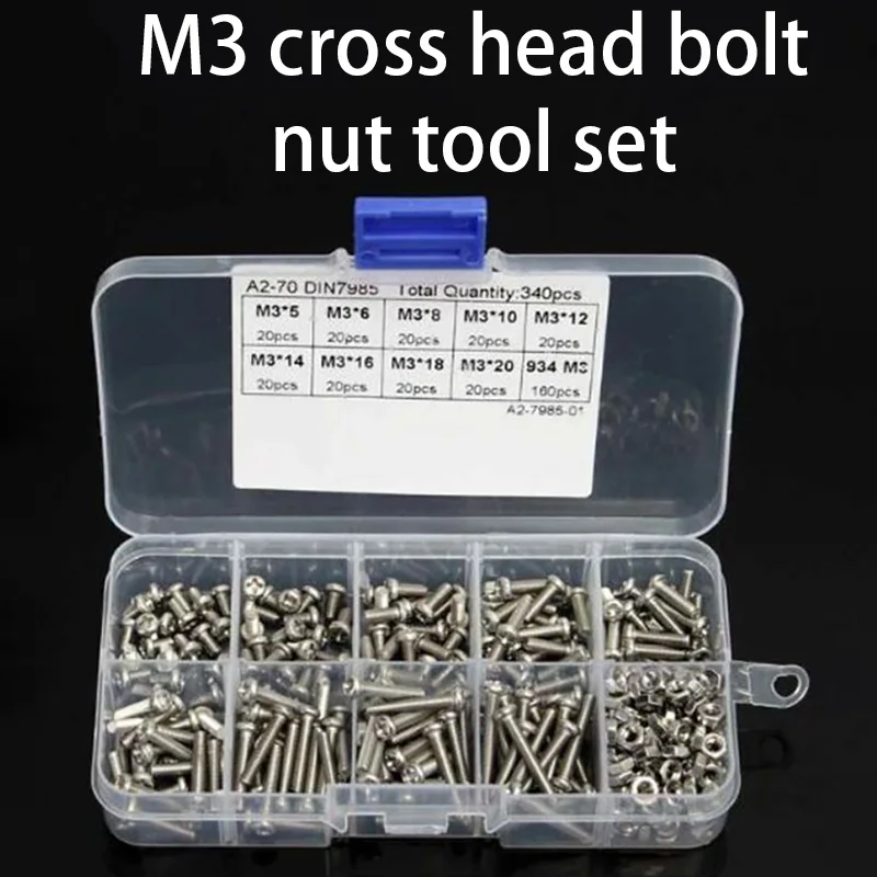 

Набор инструментов для крепления болтов и гаек M3, 340 шт. в коробке, крестовая головка, крышка из нержавеющей стали 304, набор винтов