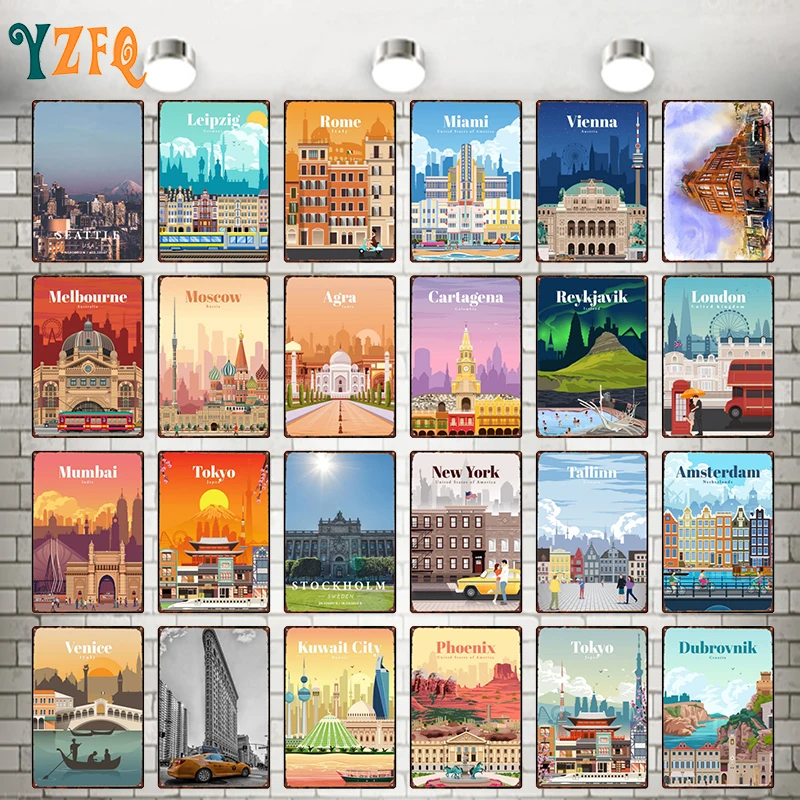 Токио Венеция Сиэтл Римский город значок винтажные металлические пластины декор для паба бара дома жестяной подарок украшение плакат