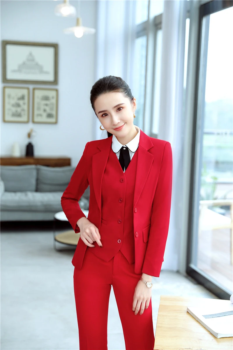 

Formal Uniform Designs Pantsuits with 3 Piece Sets Jackets and Pants and Vest & Waistcoat for Ladies Office Professional Blazers