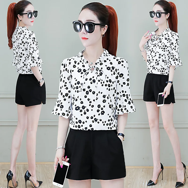 

Summer New Slim Shirt Fashion Lace Round Neck Tie Shirt Sleeve Chiffon Shirt