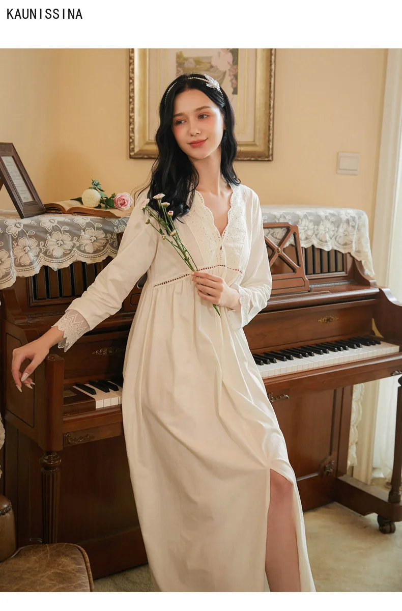 

Women Sleepwear Spring Autumn Gown Royal Princess Dress Nightgown Women's Cotton Long Nightdress Vintage Court Style Homewear