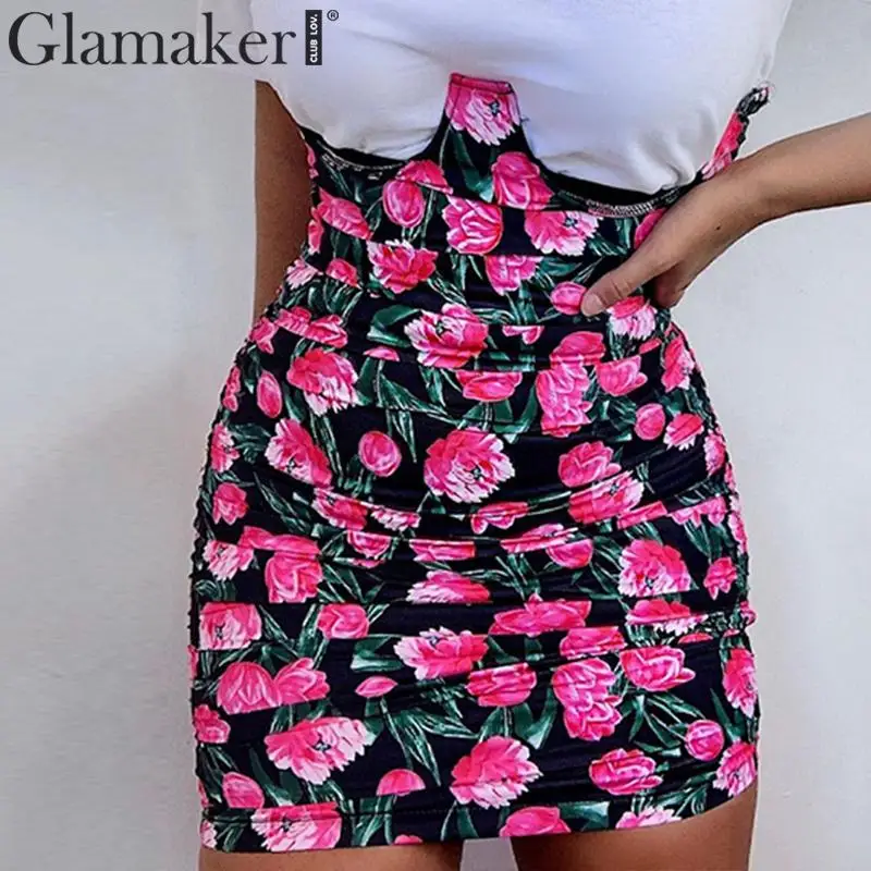 Glamaker винтажное модное платье с цветочным принтом, женское Плиссированное летнее платье с высокой талией, сексуальные элегантные вечерние короткое Клубное платье
