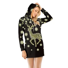 Christmas Sexy Women Dress Winter Hooded Printing Long Sleeve Drawstring Mini Sweatshirts Dress Female Xmas Party New Year 2022 (1)