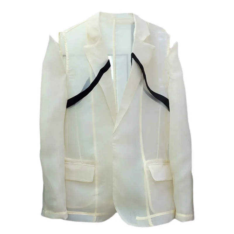 

SeeBeautiful Band Stitching Organza Perspective Loose Blazer Coat Notched Long Sleeve Woman Summer 2021 New Fashion E685