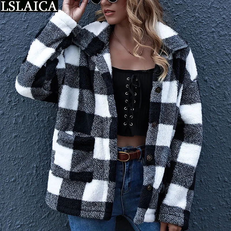

Woman Jacket Straight Sleeve Pocket Button Plaid Coat Women Streetwear Fashion New All Match Casual Loose Slim Femme Veste