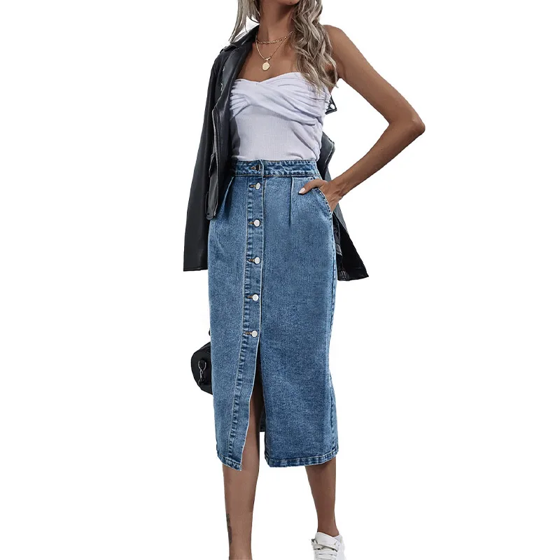 

Denim Skirt Women Single Breasted Midi skirt Straight Jeans Skirts Summer High Waist A-line Pockets Casual Fashion y2k 2021 New