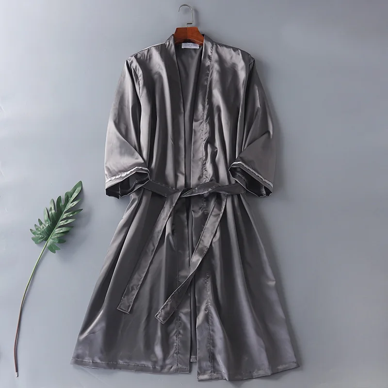 Мужской и женский шелковый халат ночная рубашка летнее однотонное кимоно с