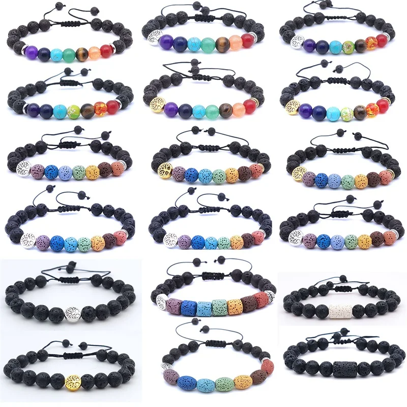 

Assorted Tree 8mm Seven Chakra Bracelet Briaded Black Lava Stone Beads Women Men Bracelet Buddha Strand Bracelet Jewelry