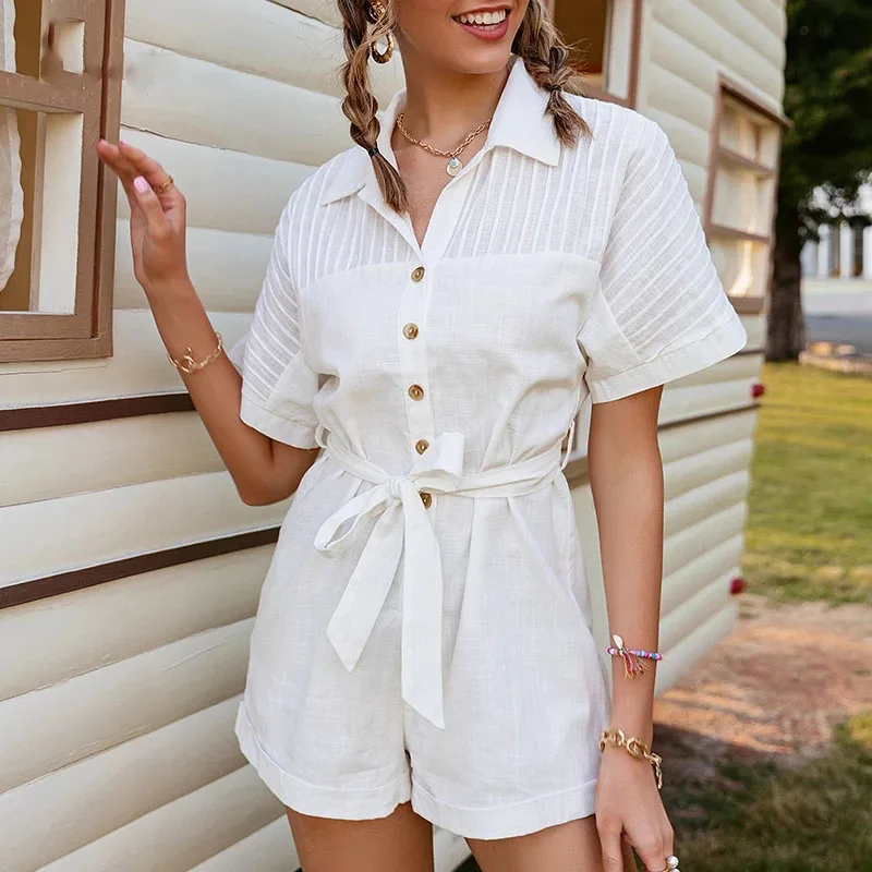 

2021 Cotton Bat Sleeve Short Jumpsuit White High Waist Casual Female Romper Solid High Street Lace-up Summer V-neck Jumpsuit