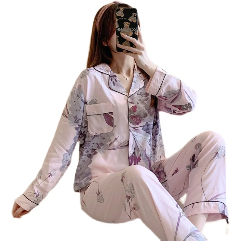 

2020 New Poplin Pajamas Women's Long Sleeve Thin Artificial Cotton Home Wear Japanese Cardigan Cotton Silk Student Suit Summer
