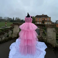 pink demure elegant exquisite porm dress spaghetti strap layer tulle ruffles elastic princess dresses custom made