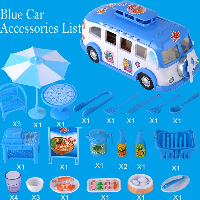 Blue Barbecue Car Детский милый мини-симулятор, пластиковый розовый дом на колесах, кемпер, автомобиль, кукольный домик, мебель, аксессуары для Барби, игрушка для ролевых игр - Цвет: Blue Barbecue Car