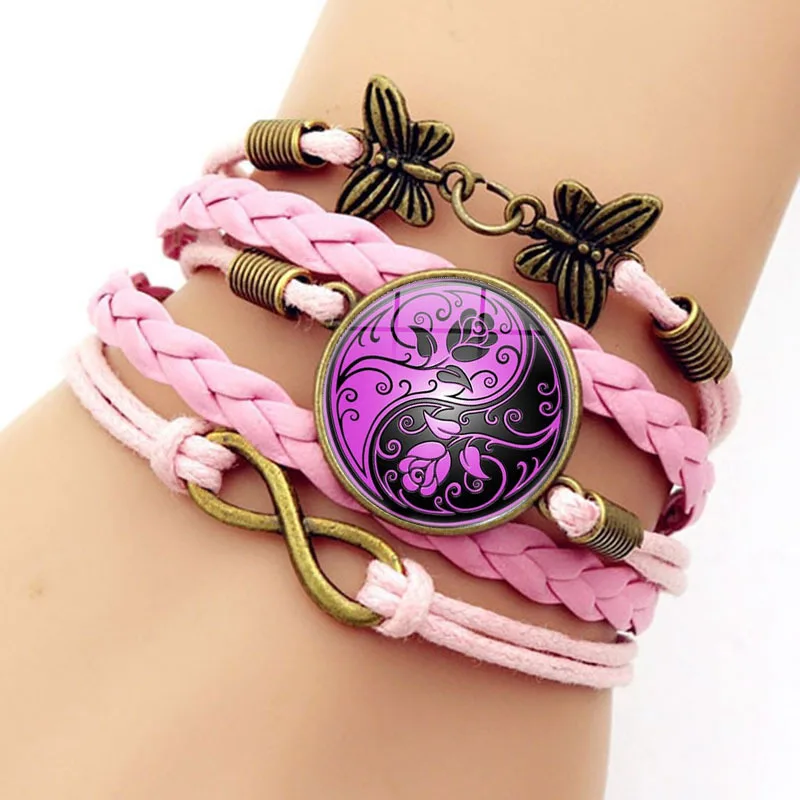

2020 purple rose flower yin and yang tai chi crystal bracelet hand-woven multi-layer leather bracelet men and women jewelry gift