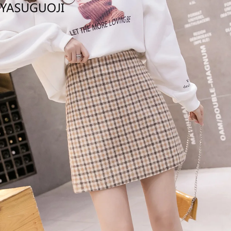 

YASUGUOJI трапециевидная юбка Новинка 2020 весна осень зима Женская клетчатая твидовая плетеная мини-юбка винтажные шерстяные юбки с высокой тал...