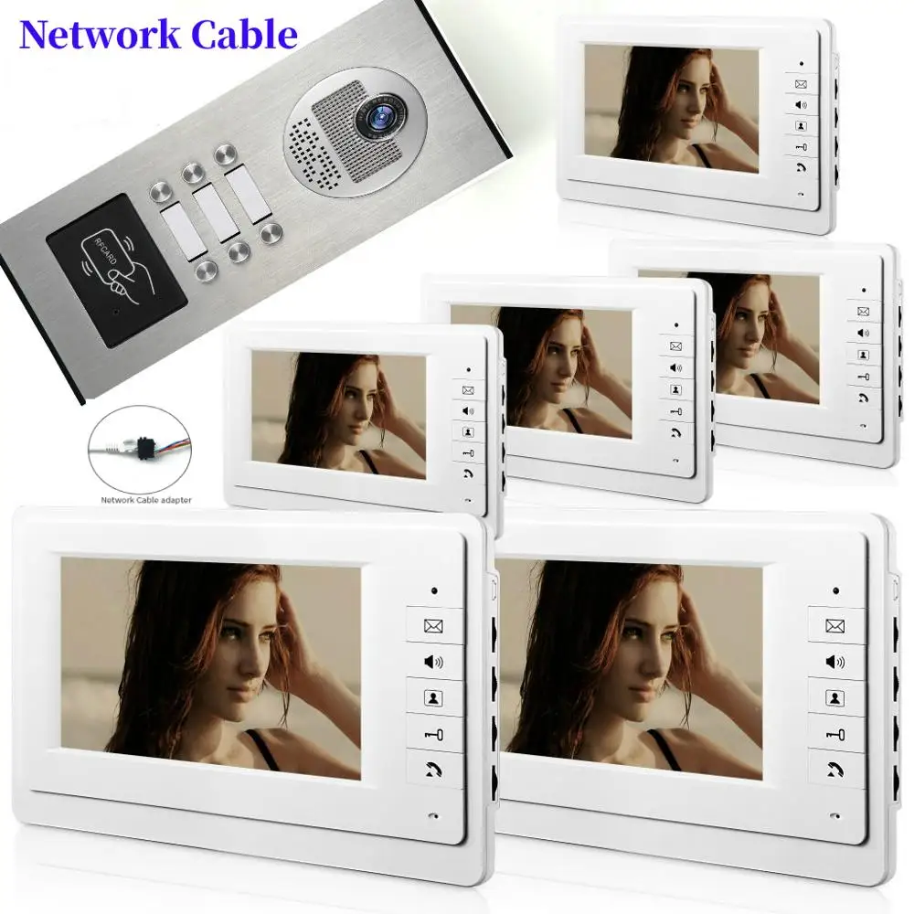 

SmartYIBA 6 Apartment Network Cable Wired Video Intercom System RFID Unlock 7 Inch Monitor Video Doorbell Doorphone Intercom Kit