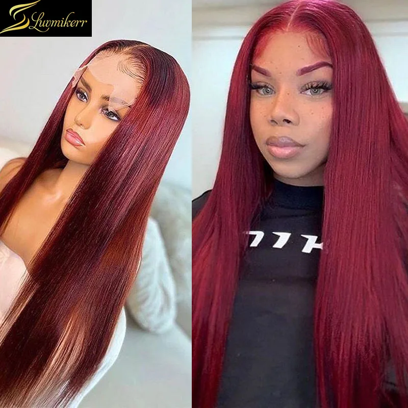 Colored Burgundy Red 99j Long Straight 13x6 Lace Front Wig Preplucked Invisible HD Transparent Red Full Lace Human Hair Remy Wig