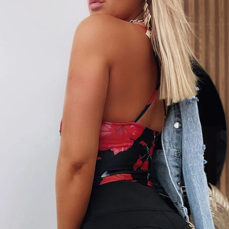 

UETEEY Elegant Lady V Neck Sling Blouse Shirts Women Summer Straps Sleeveless Shirt Sexy Hollow Out Lace Floral Print Tops