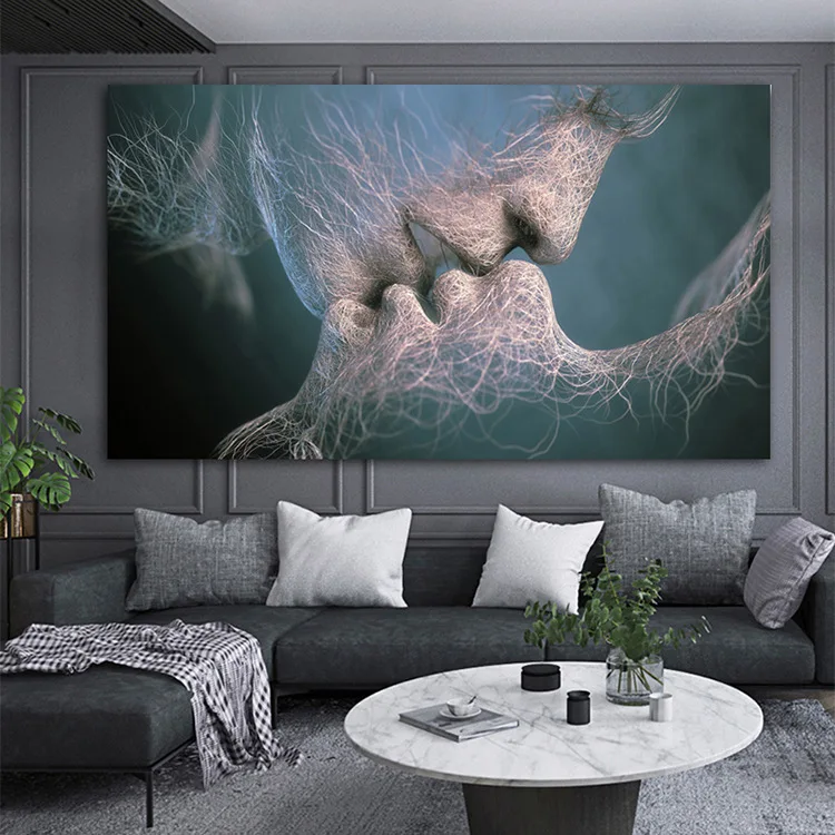 Картина на холсте с изображением поцелуев 3 цвета черный синий желтый для