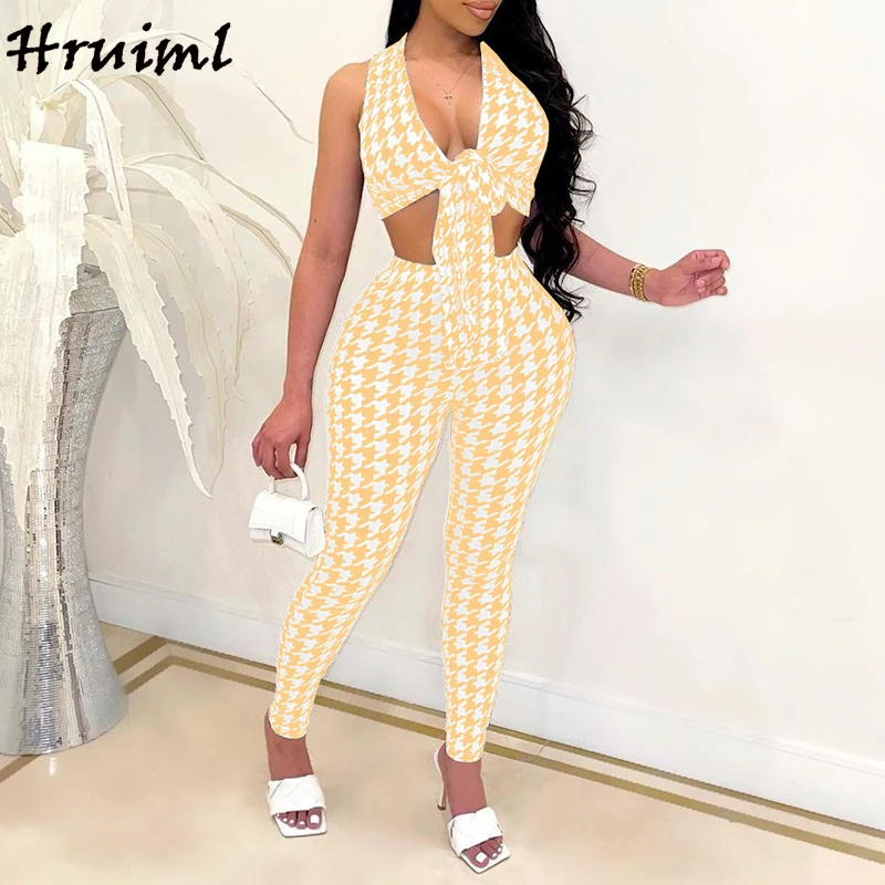 

New Trouser Suits for Women Halter Top&pencil Pants Houndstooth Print Summer Two Piece Fashion Sexy Party Club Outfits for Women