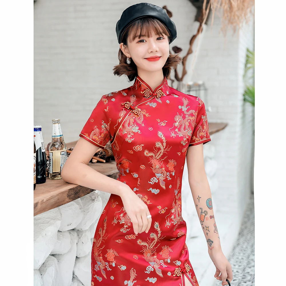 

Exquisite Red Dragon And Phoenix Qipao Women Sexy Mini Plus Size Cheongsam Vintage Chinese Style Vestidos Slim Satin Dress