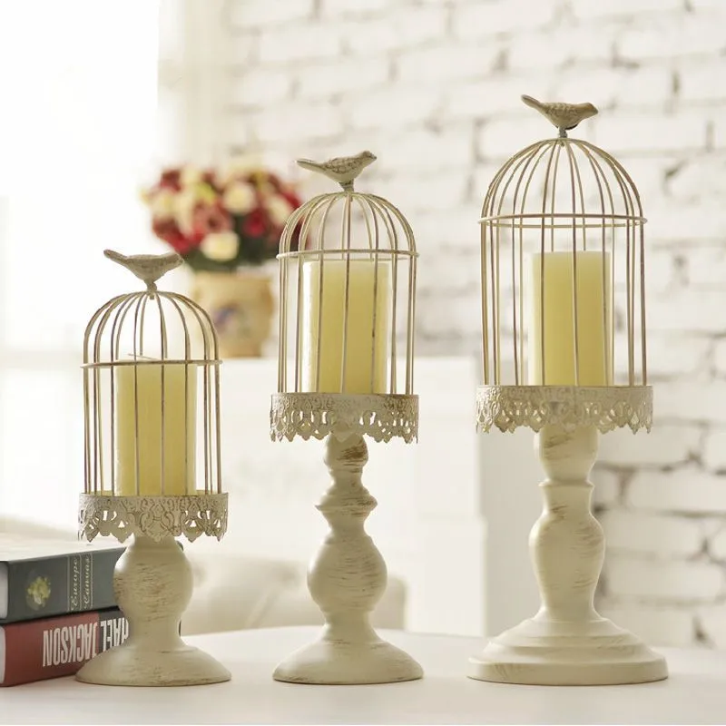 

European Iron Retro White Bird Cage Candle Holder Candlelight Dinner Romantic Valentine's Day Decoration