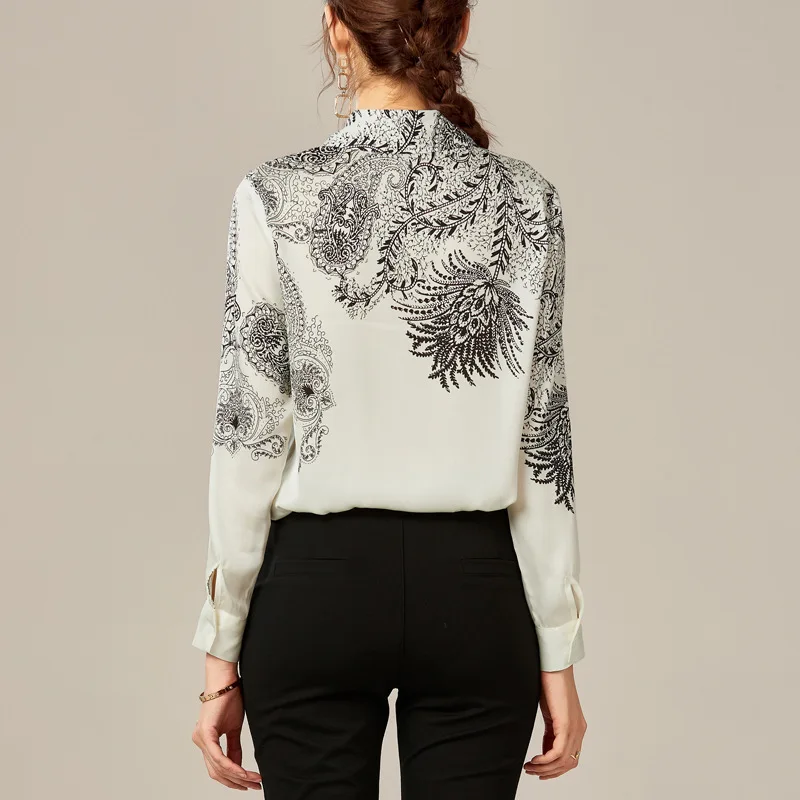 

SHUCHAN Print Long Sleeve Shirt Women Natural Silk Blend Turn-down Collar Office Lady Women Shirts Blouses 2021 Spring New