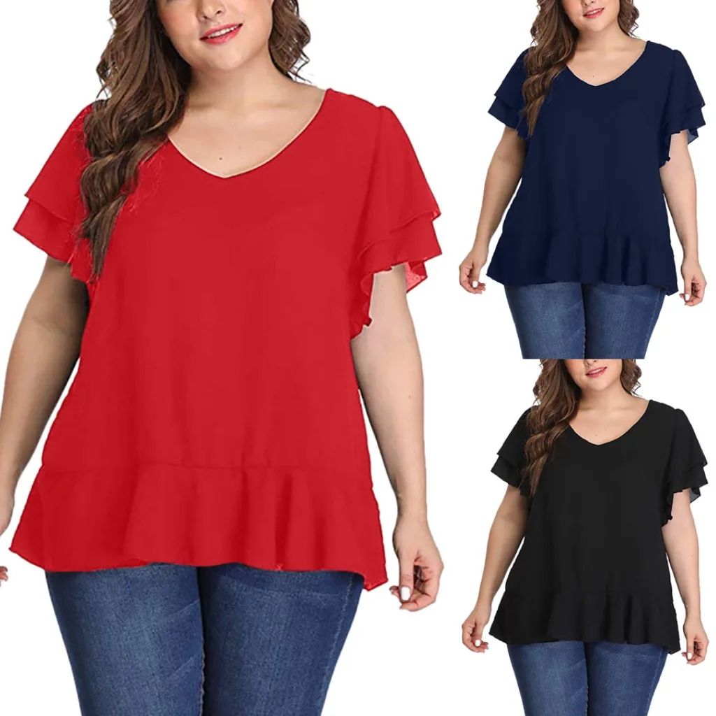 Новинка 2020 блузки для женщин топ сплошного размера плюс с коротким рукавом и v