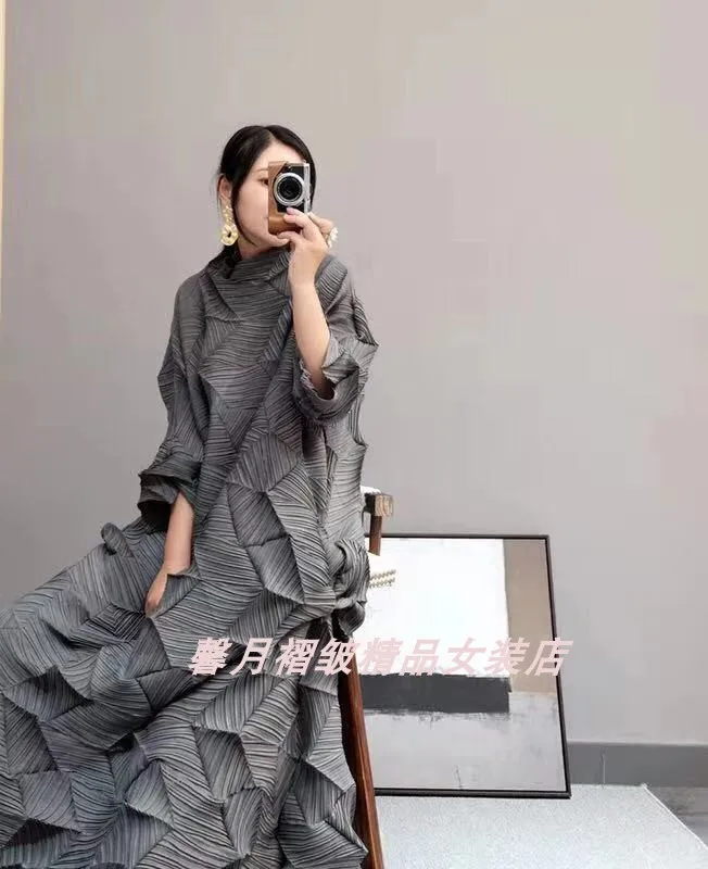 Горячая Miyake модное платье со складками со стразами, однотонное Свободное длинное платье со стоячим воротником