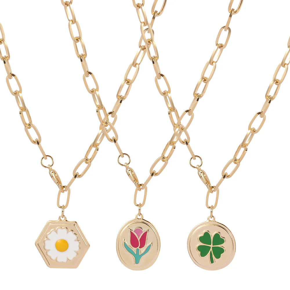 

Kpop Jewelry Set Tulip Daisy Four-leaf Clover Drop Earring Necklace for Women Gold Color Long Neck Chain Fashion Trend New 2021