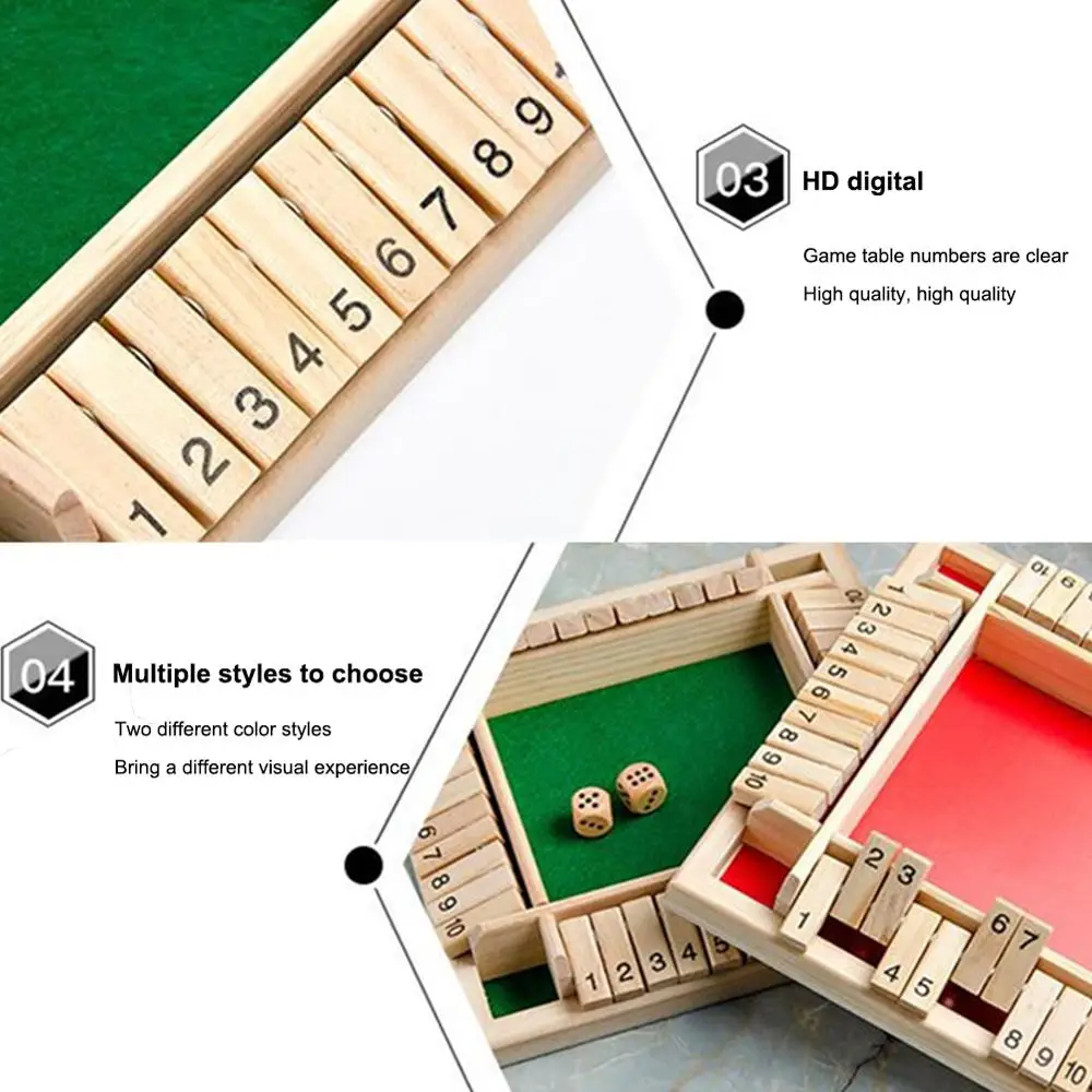

Shut The Box Dice Board Game 4 Sided 10 Number Wooden Flaps & Dices Game Set for 4 Person Pub Bar Party Supplies